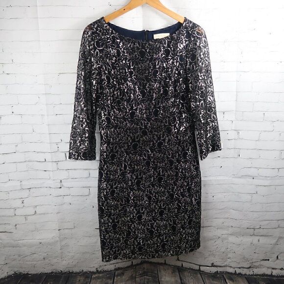 ERIN FETHERSTON BLACK & SILVER LACE LONG SLEEVE ROUND NECK DRESS SIZE 8 - Picture 1 of 9
